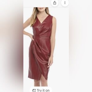 Elegant  faux leather Burgundy dress